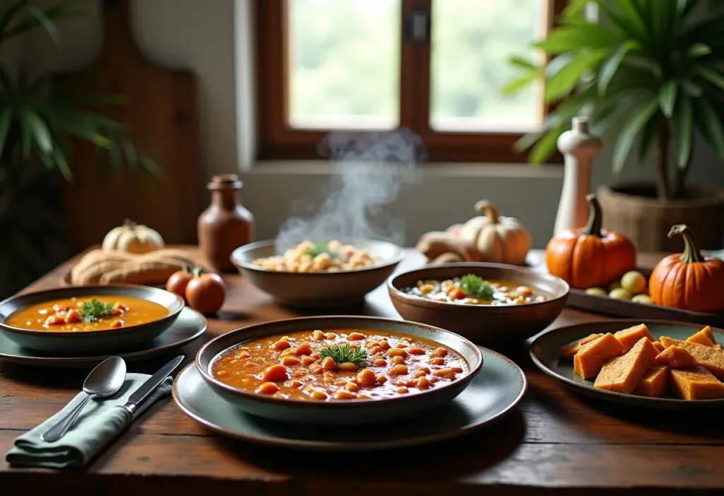 Mesa farta com pratos quentes de inverno típicos da roça brasileira.