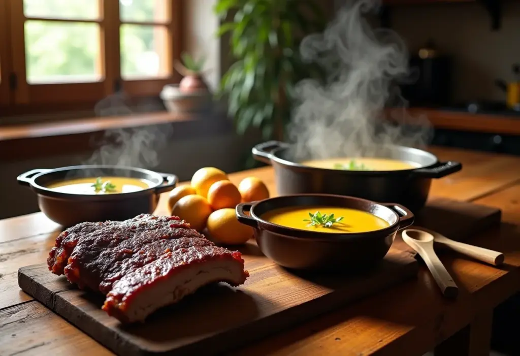 Mesa farta com sopa de mandioca e costelinha defumada, prato típico do inverno na roça