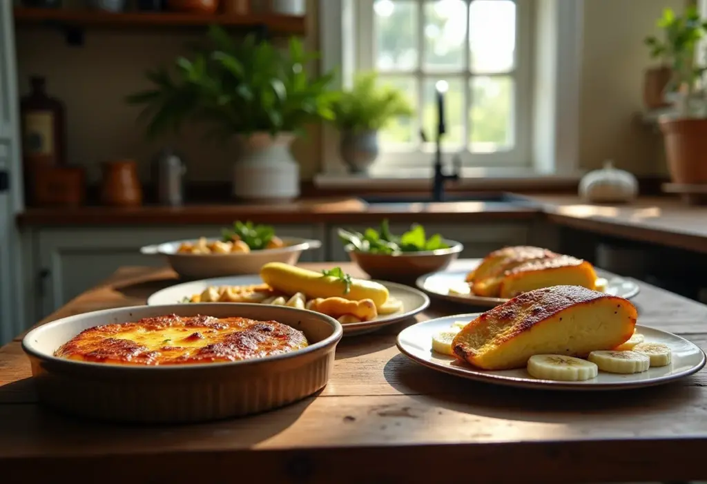 Mesa posta com Banana Flambada em ambiente rústico.