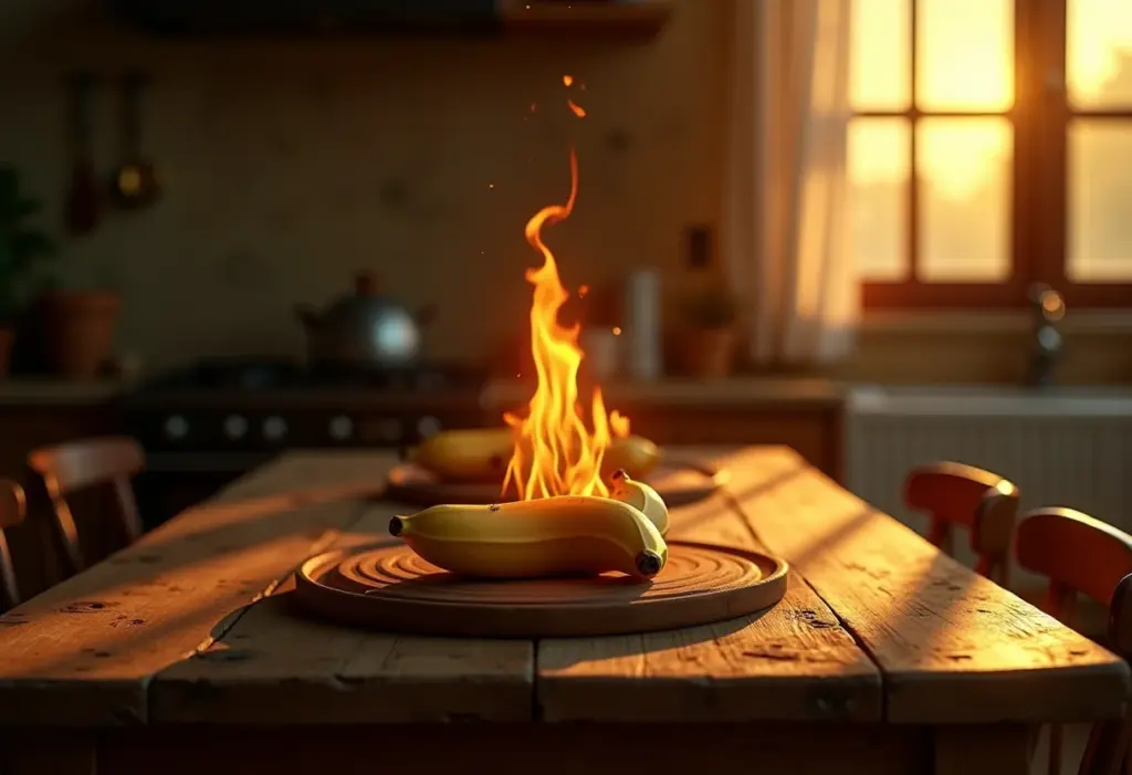 Mesa posta com banana flambada gourmet, em estilo rústico e acolhedor.