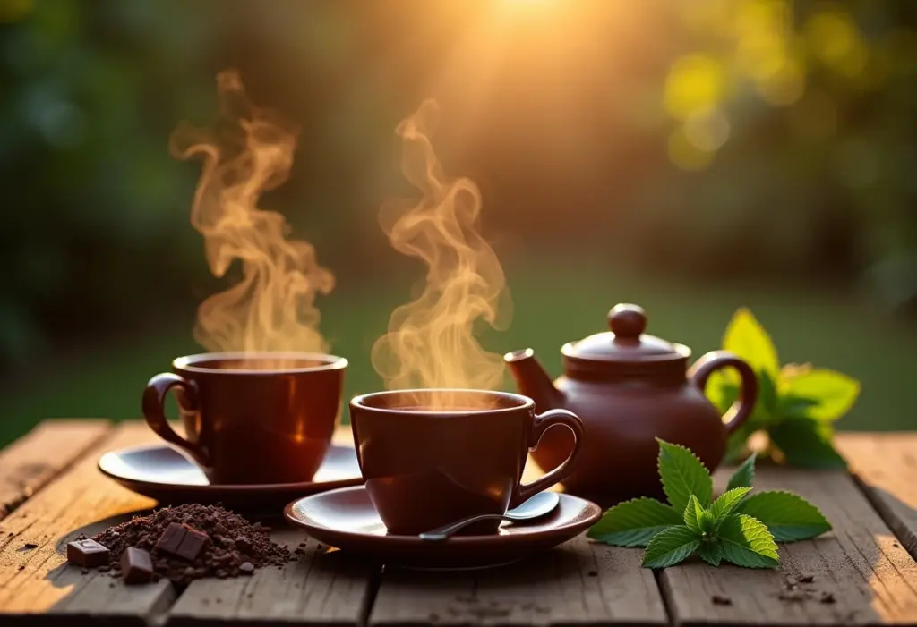 Mesa posta com chá de menta e chocolate, xícaras fumegantes e decoração rústica.