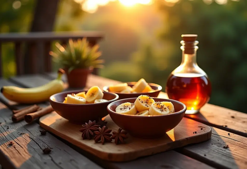 Mesa rústica com banana flambada, pronta para a sobremesa.