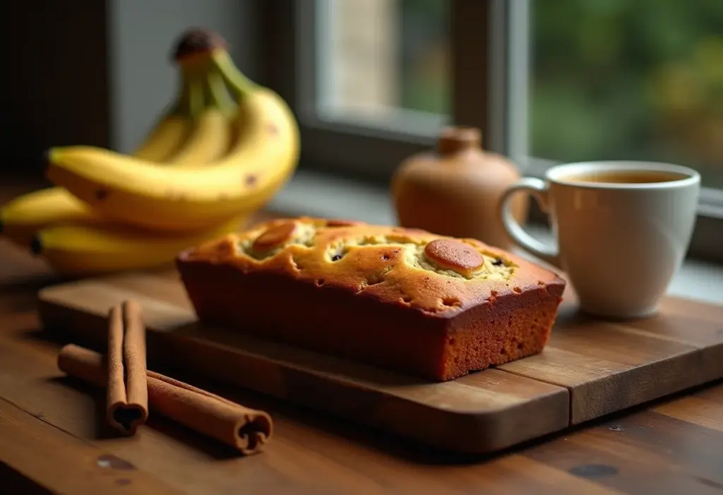Mesa rústica com bolo de banana caseiro.