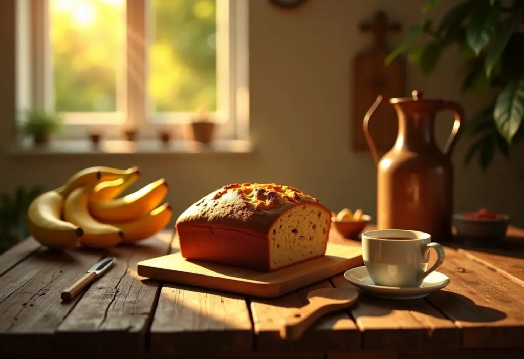 Mesa rústica com bolo de banana caseiro e ingredientes.