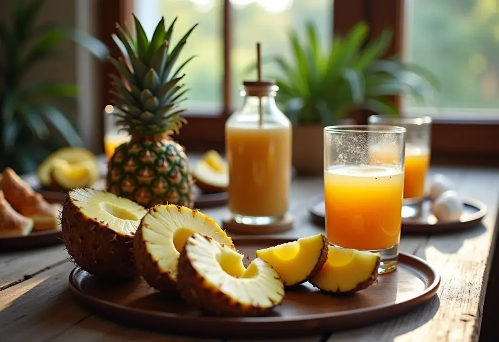 Mesa rústica com chá de abacaxi e coco em um sítio brasileiro