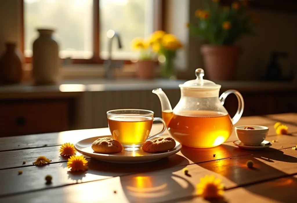 Mesa rústica com chá de calêndula e biscoitos caseiros