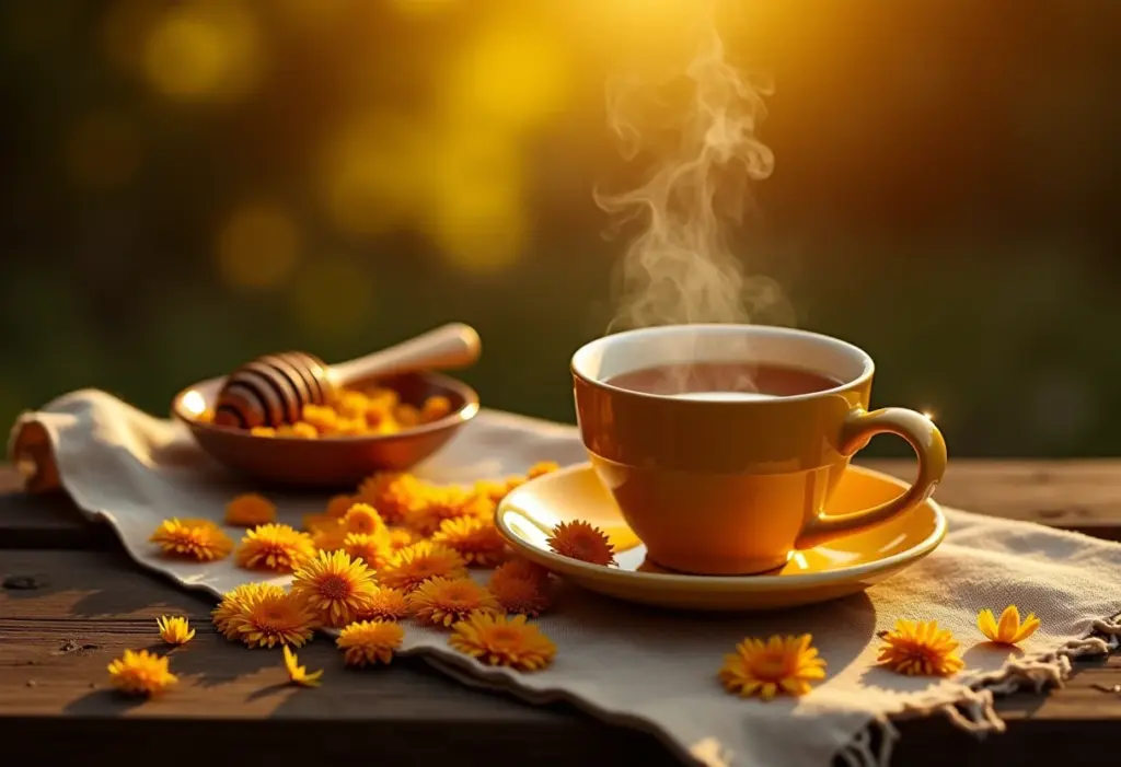 Mesa rústica com chá de calêndula e flores.