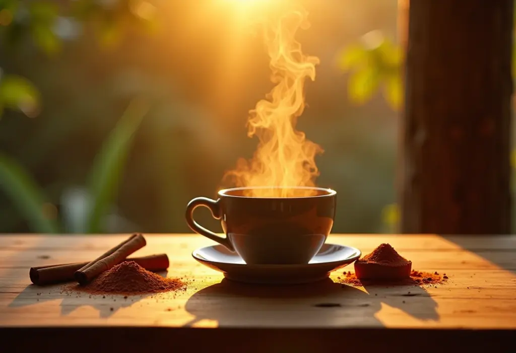 Mesa rústica com chá de cupuaçu e canela.