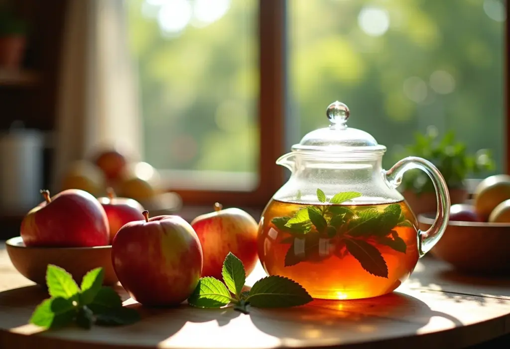 Mesa rústica com chá de maçã e hortelã em sítio brasileiro