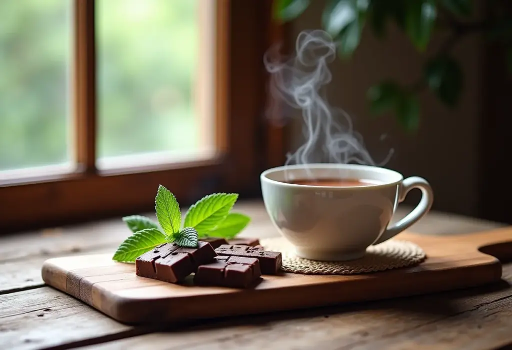 Mesa rústica com chá de menta e chocolate