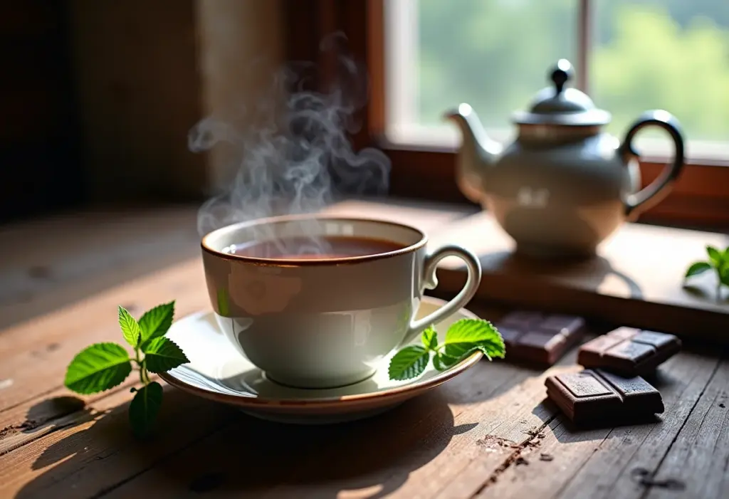 Mesa rústica com chá de menta e chocolate.