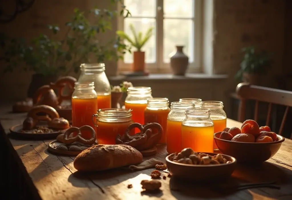 Mesa rústica com chimia alemã e pães caseiros, atmosfera acolhedora.