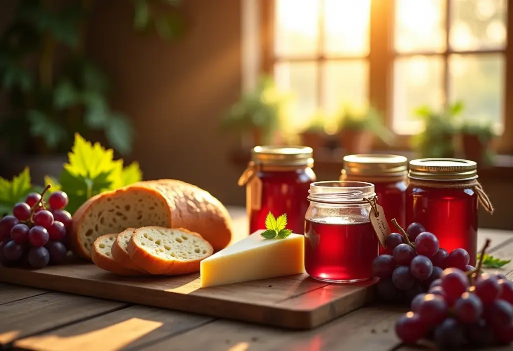 Mesa rústica com geleia de uva caseira, pães e queijos.
