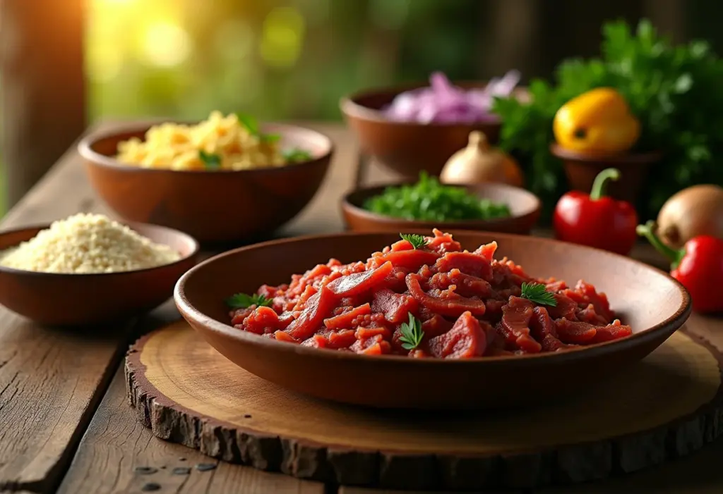 Mesa rústica com paçoca de carne seca, prato típico do Nordeste brasileiro.