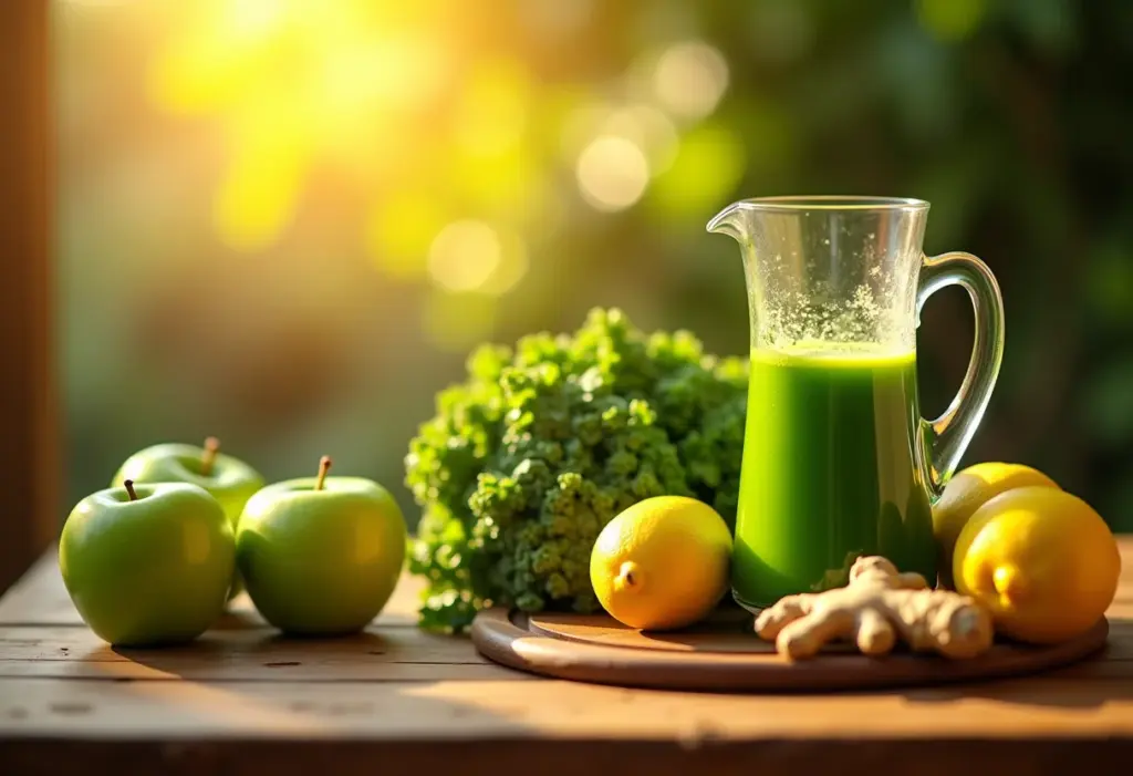 Mesa rústica com suco verde detox e ingredientes frescos.