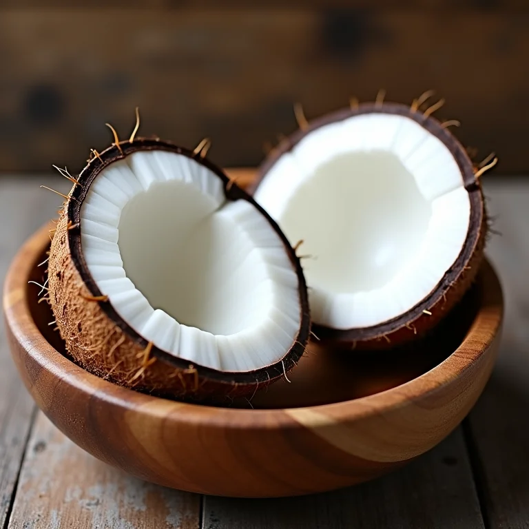 Metades de coco fresco exibindo a polpa branca.