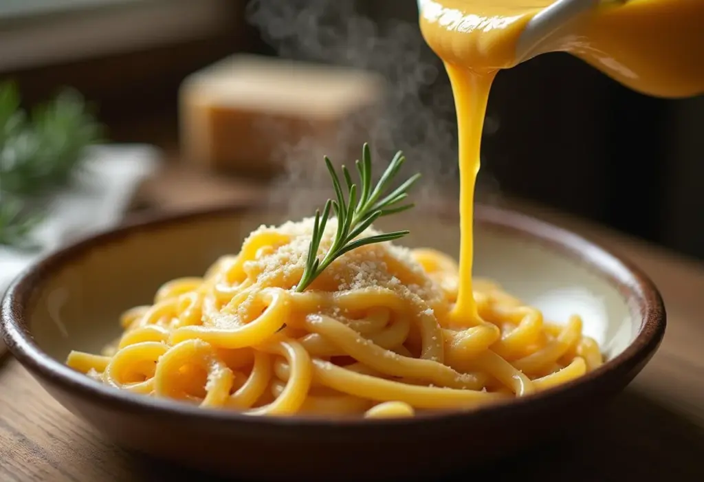 Molho Quatro Queijos cremoso: receita fácil que vai te surpreender Molho quatro queijos cremoso sendo servido sobre massa fresca.