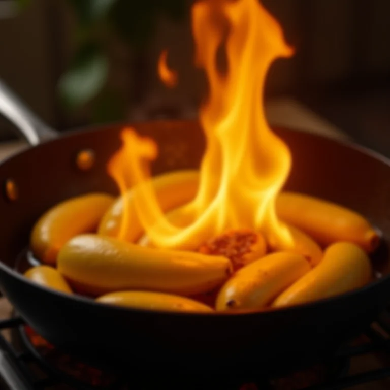 Momento mágico da flambagem das bananas com rum, com as chamas dançando na frigideira.