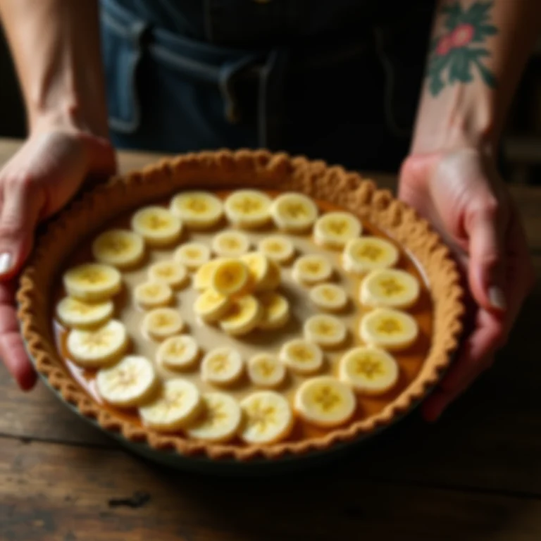 Montagem da torta de banana com camadas de banana e recheio cremoso.