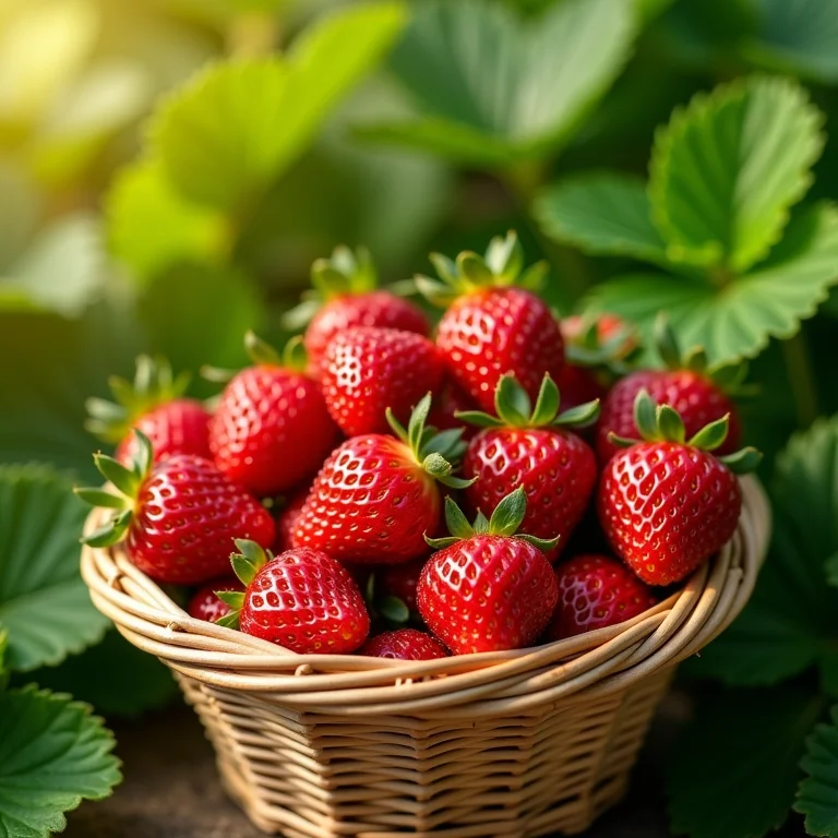 Morangos frescos e vibrantes em cesta de vime.