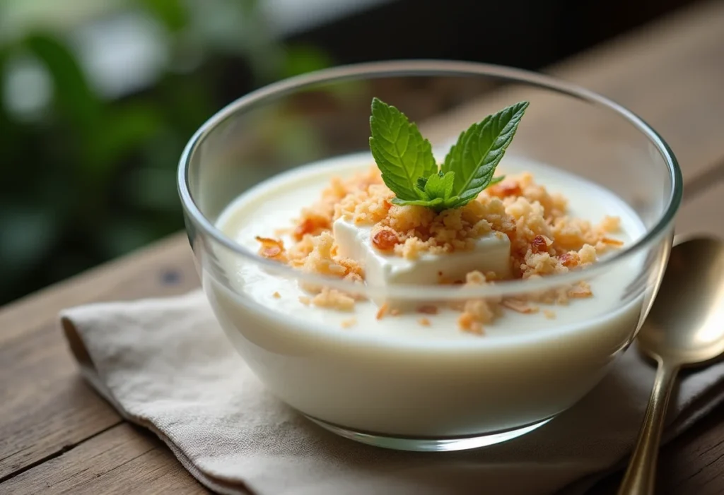 Mousse de coco cremoso em tigela de vidro.