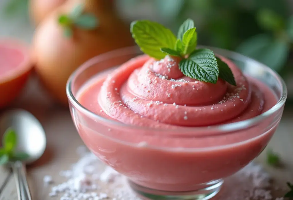 Mousse de Goiaba Cremosa: Segredo Revelado da Sobremesa Perfeita Mousse de goiaba cremosa em tigela de vidro com hortelã