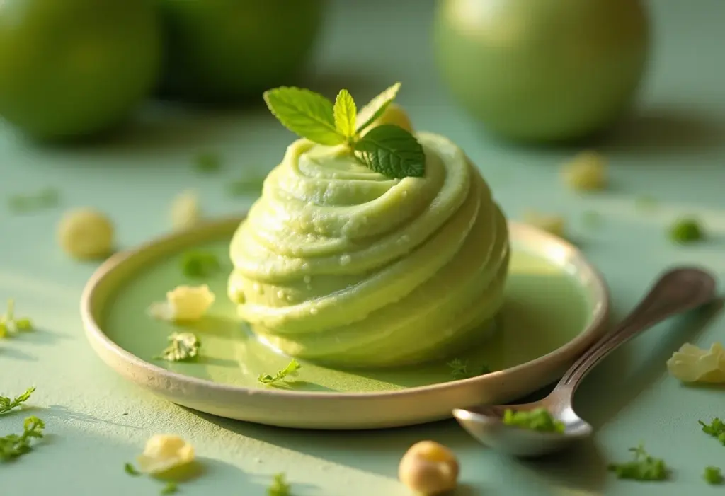 Mousse de graviola cremosa com colher de prata.