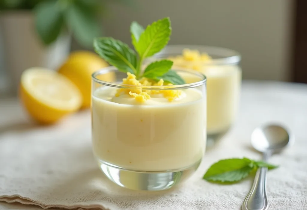 Mousse de limão cremosa com raspas de limão e hortelã