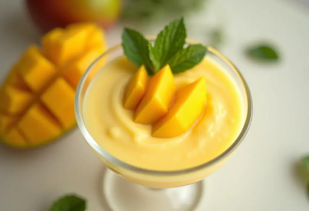 Mousse de manga cremosa em taça de vidro com hortelã e manga fresca.