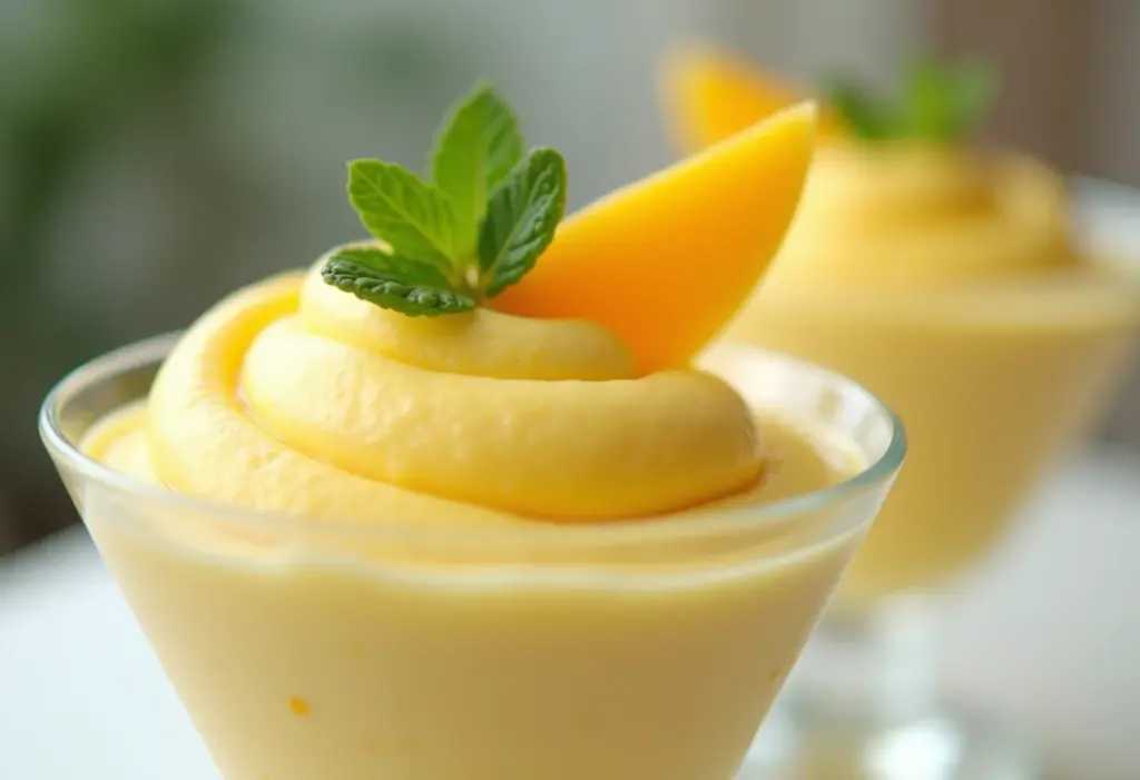 Mousse de Manga Cremoso: Segredo para uma Sobremesa Perfeita Mousse de manga cremoso em uma tigela de vidro.