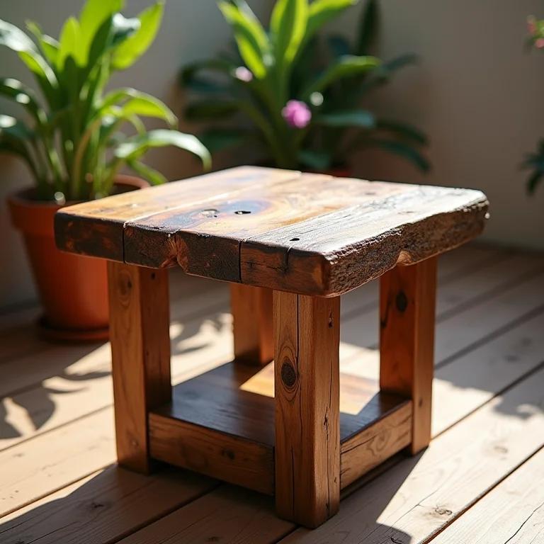 Móveis de madeira de demolição em sacada rústica