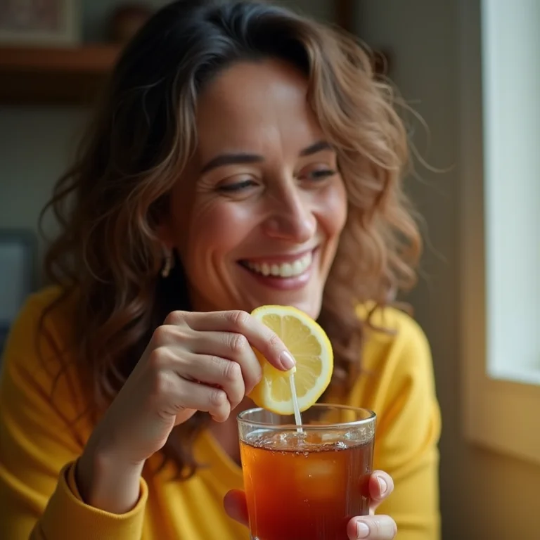 Mulher adicionando limão ao chá gelado