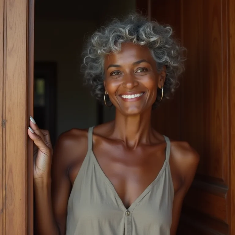 Mulher admirando porta de mogno em sua casa