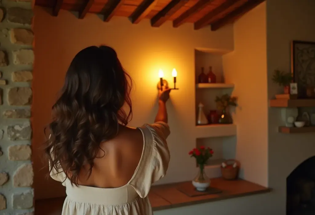 Mulher ajustando arandela rústica em casa de campo