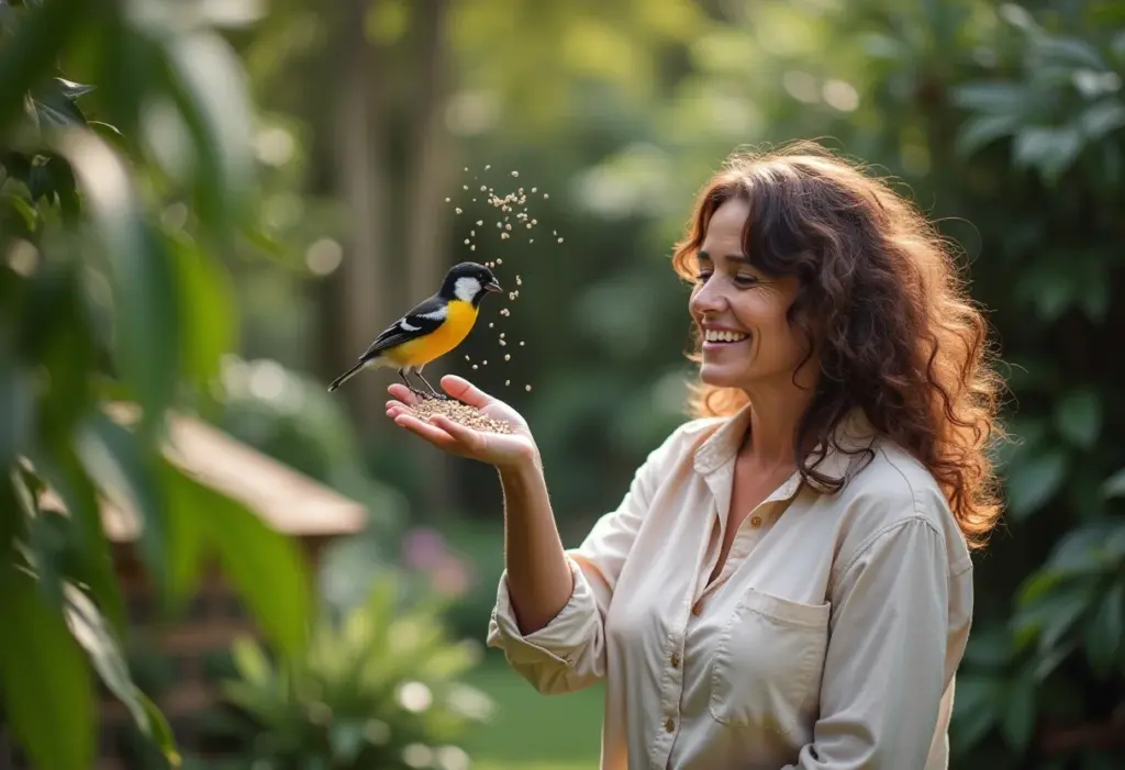 Alimentação de pássaros: o guia completo para atrair mais aves Mulher alimentando pássaros em jardim ensolarado