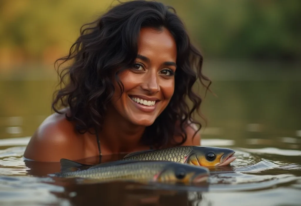 Mulher alimentando tilápias em lago ao nascer do sol