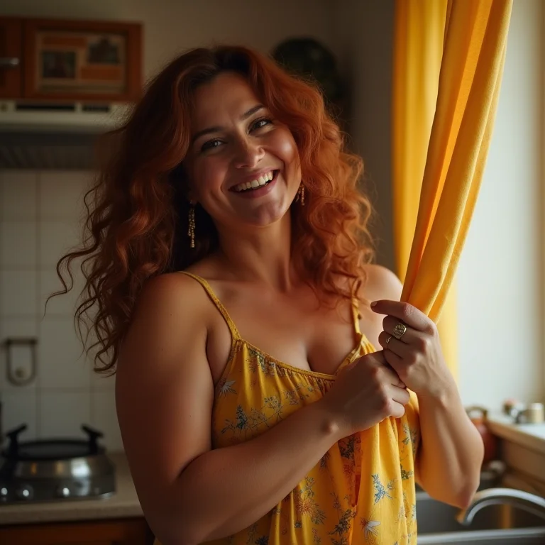 Mulher amarrando cortina de chita colorida na cozinha