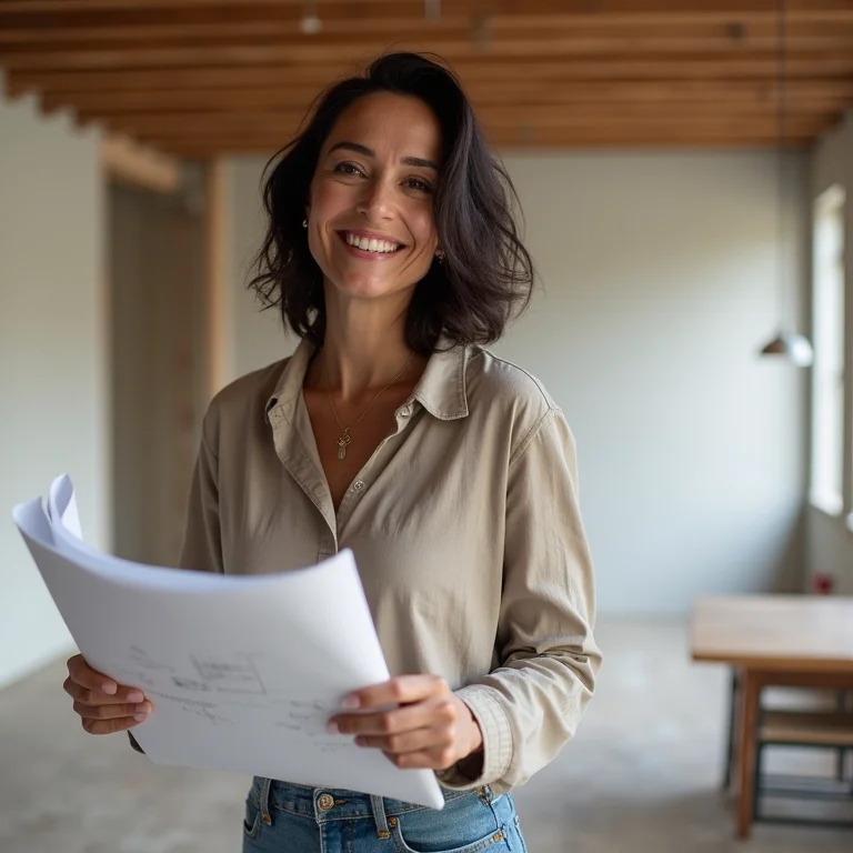 Mulher analisando estrutura da casa para instalação de vigas
