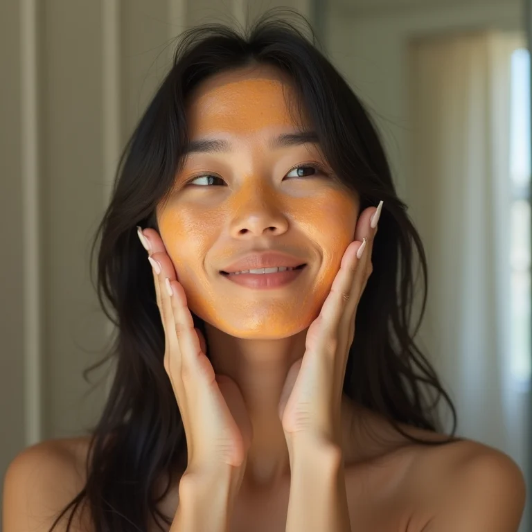 Mulher aplicando máscara facial caseira de acerola.