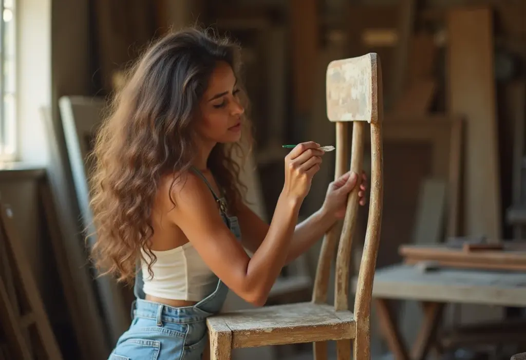 Mulher aplicando pátina em cadeira de madeira vintage
