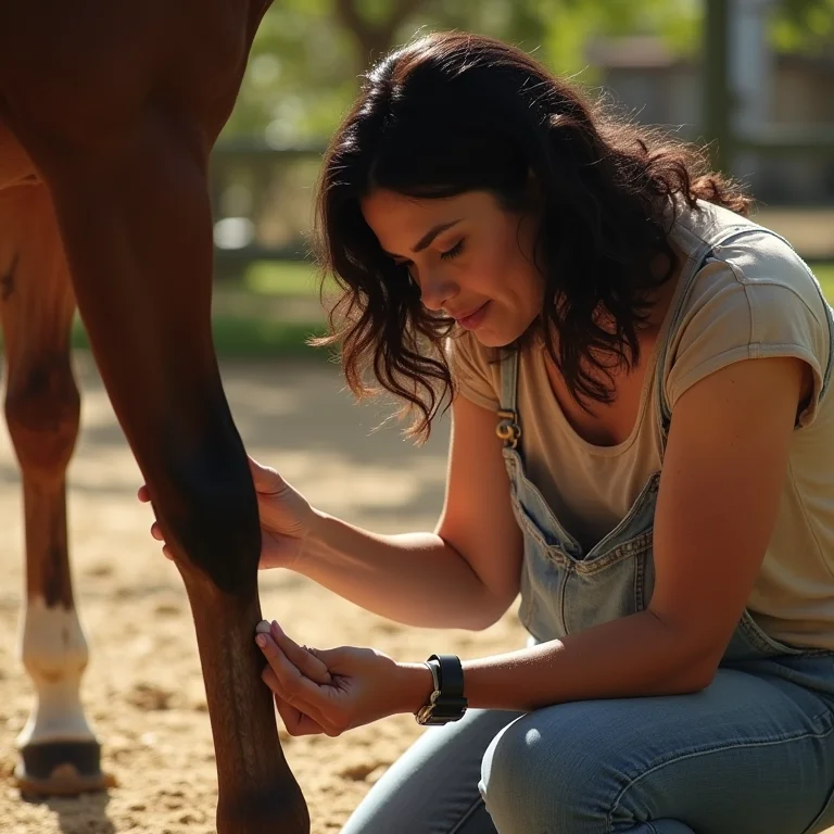 Mulher aplicando selante em rachadura no casco de cavalo