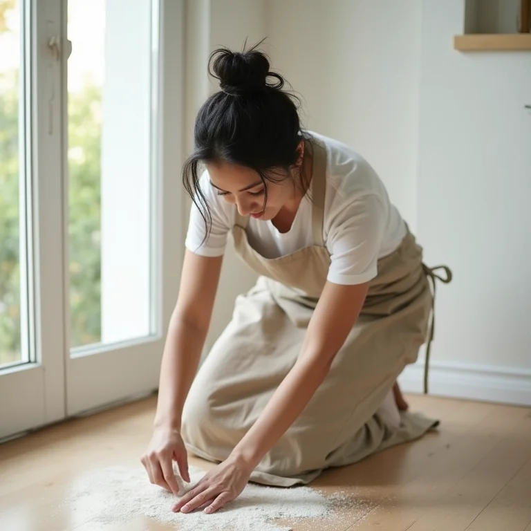 Mulher aplicando terra de diatomáceas para controle de pragas domésticas.
