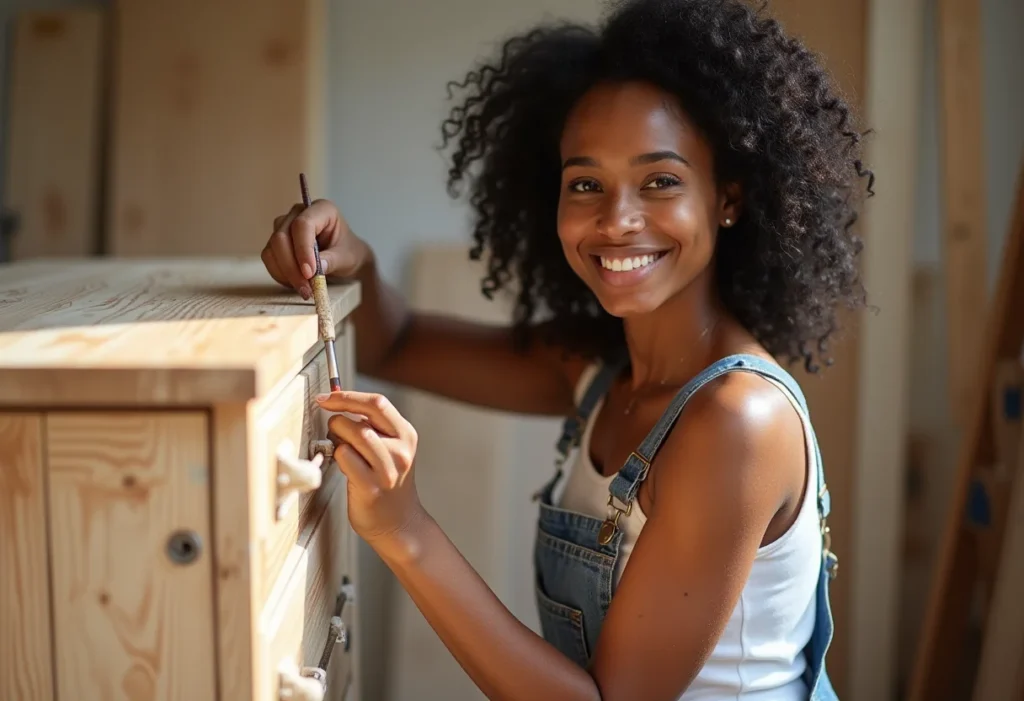 Pintura efeito madeira: o truque para ter luxo gastando pouco Mulher aplicando tinta efeito madeira em móvel.