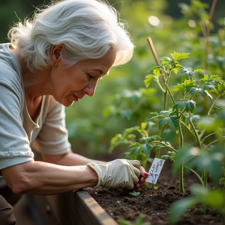 Mulher asiática-brasileira sênior etiquetando planta de tomate.