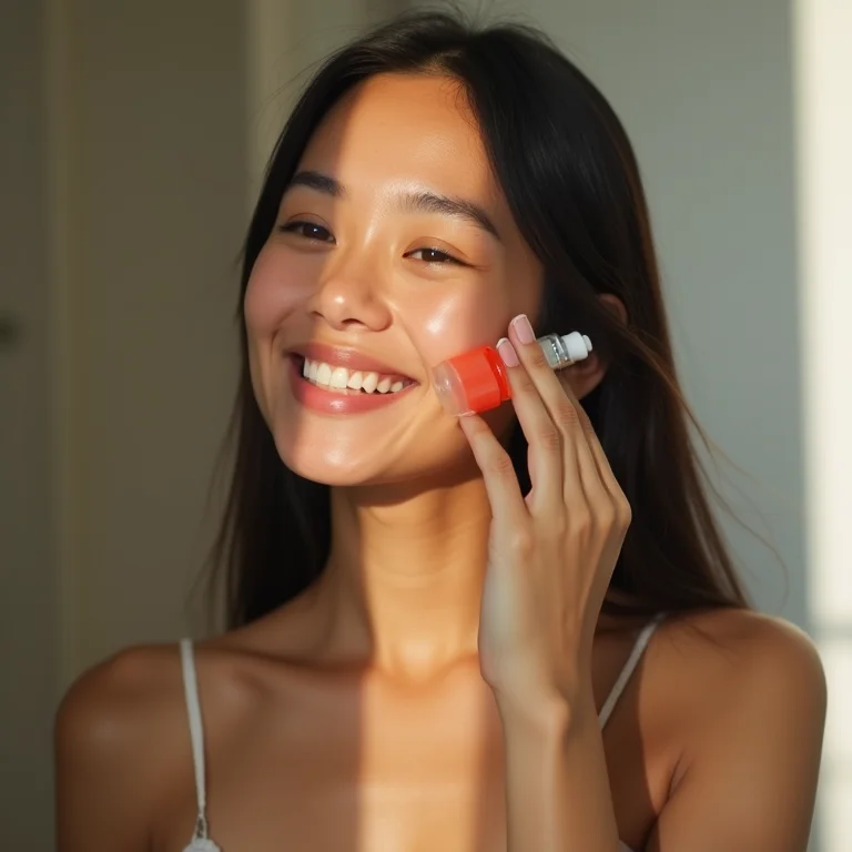 Mulher asiático-brasileira aplicando serum facial de acerola.