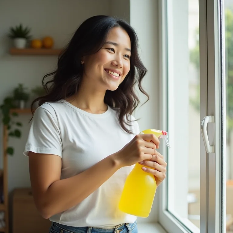 Mulher asiático-brasileira aplicando solução de limão e detergente contra formigas.