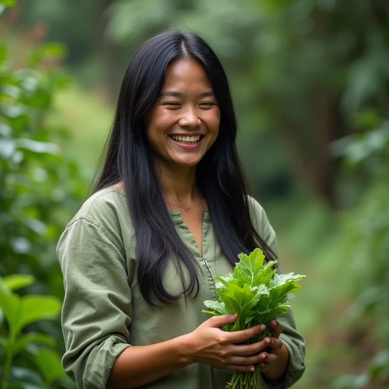 Mulher asiático-brasileira colhendo folhas verdes na Mata Atlântica