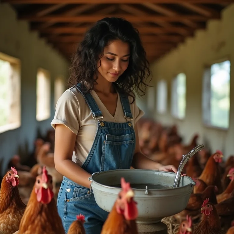 Mulher asiático-brasileira demonstrando bebedouro pendular para galinhas.