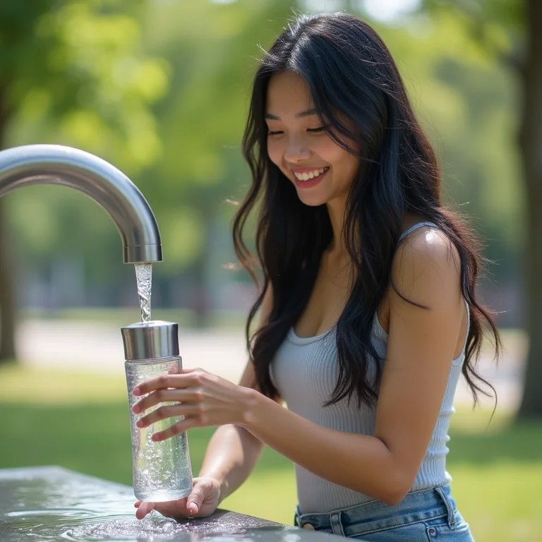 Mulher asiático-brasileira enchendo garrafa de água portátil para cachorro