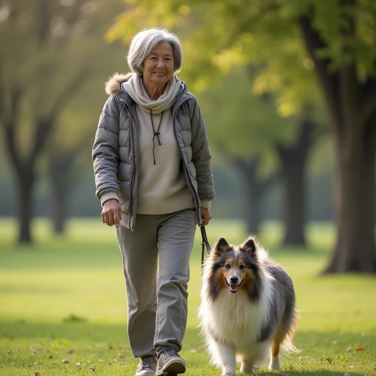 Mulher asiático-brasileira idosa passeando com Cão Pastor de Shetland no parque.